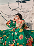Myra Rama Green Organza Printed & Embroidered Lehenga | Grocsy
