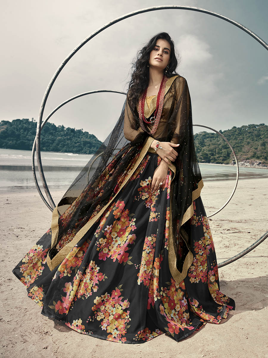 Myra Black Organza Printed Lehenga | Grocsy