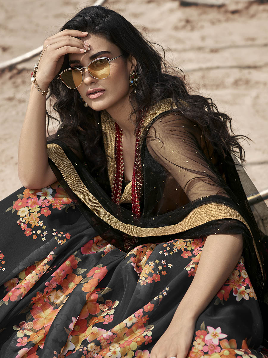 Myra Black Organza Printed Lehenga | Grocsy