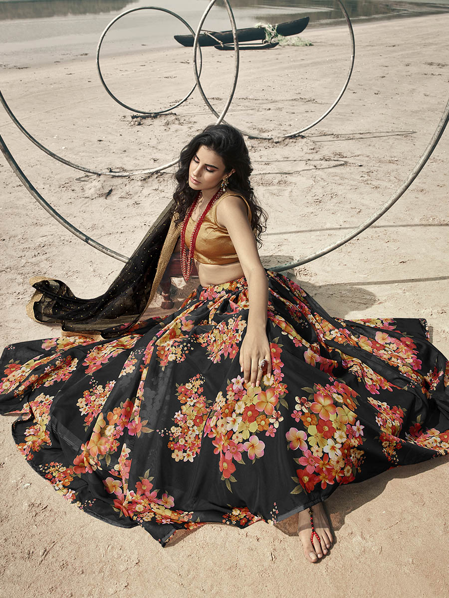 Myra Black Organza Printed Lehenga | Grocsy