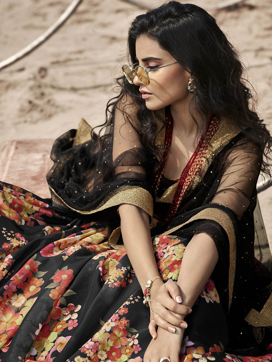 Myra Black Organza Printed Lehenga | Grocsy
