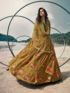 Myra Olive Green Organza Printed & Embroidered Lehenga | Grocsy