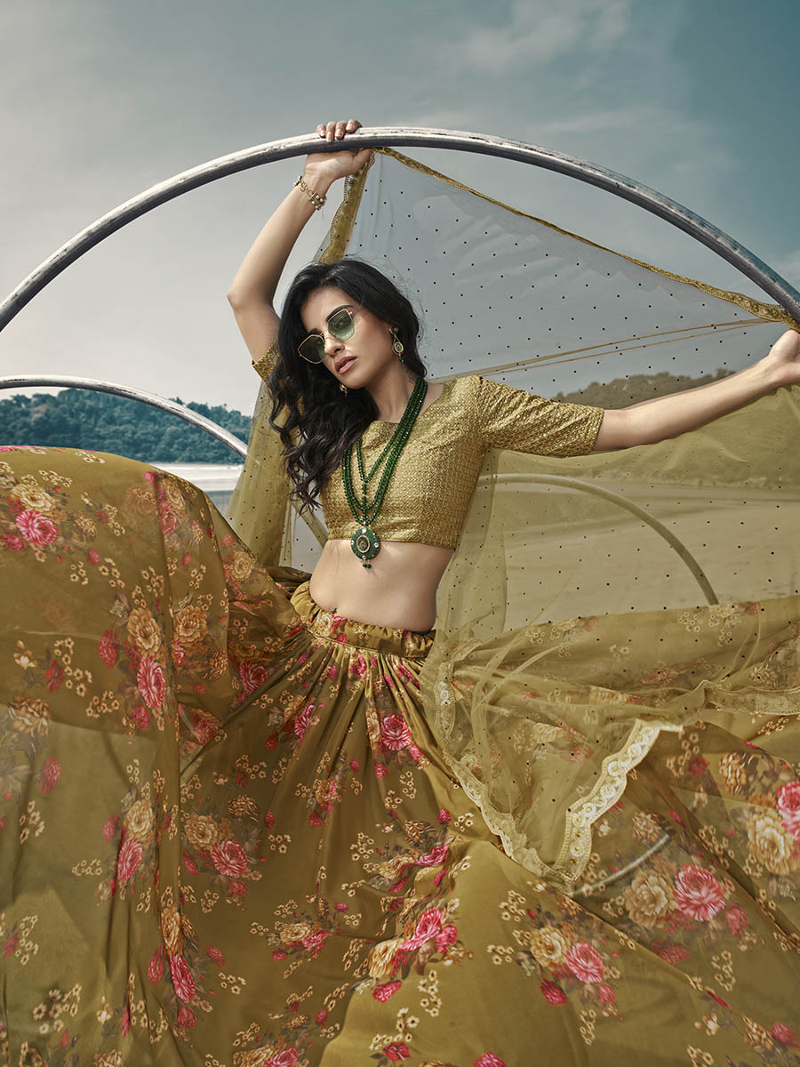Myra Olive Green Organza Printed & Embroidered Lehenga | Grocsy