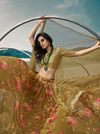 Myra Olive Green Organza Printed & Embroidered Lehenga | Grocsy