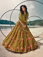 Myra Olive Green Organza Printed & Embroidered Lehenga | Grocsy