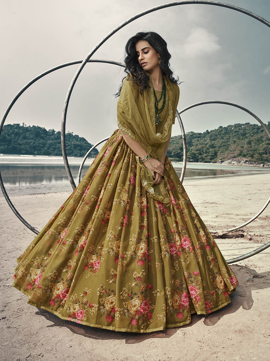Myra Olive Green Organza Printed & Embroidered Lehenga | Grocsy