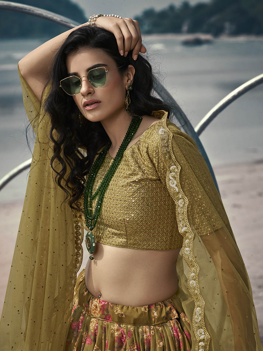 Myra Olive Green Organza Printed & Embroidered Lehenga | Grocsy