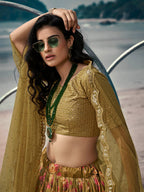 Myra Olive Green Organza Printed & Embroidered Lehenga | Grocsy