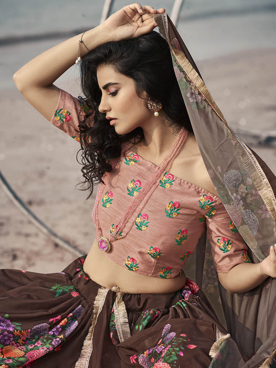 Myra Pink Organza Printed & Embroidered Lehenga | Grocsy