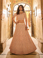 Myra Peach Crepe Embroidered Lehenga | Grocsy