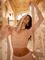 Myra Peach Crepe Embroidered Lehenga | Grocsy