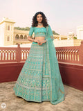 Myra Turquoise Organza Embroidered Lehenga | Grocsy