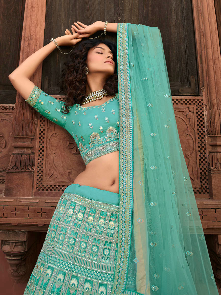 Myra Turquoise Organza Embroidered Lehenga | Grocsy