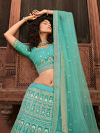 Myra Turquoise Organza Embroidered Lehenga | Grocsy