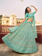 Myra Turquoise Organza Embroidered Lehenga | Grocsy