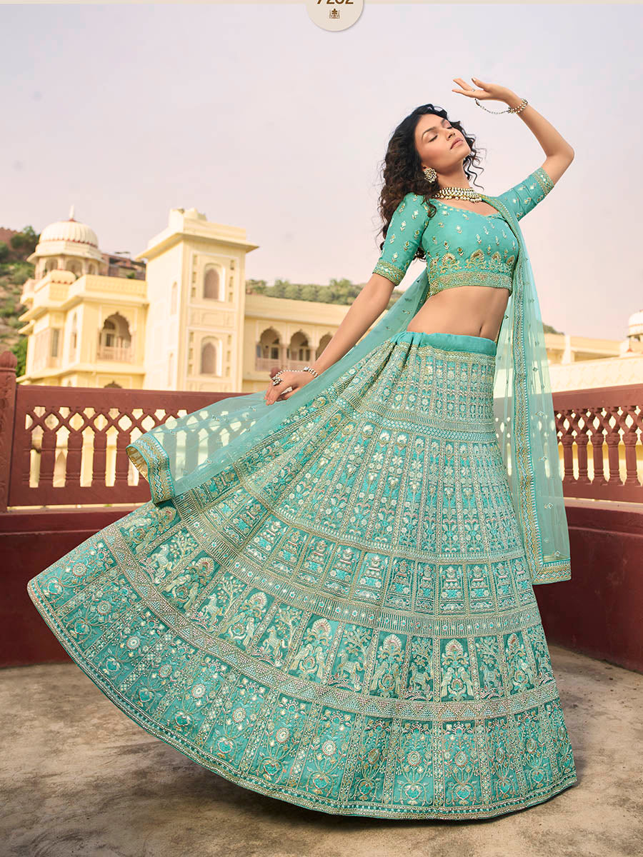Myra Turquoise Organza Embroidered Lehenga | Grocsy