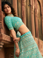 Myra Turquoise Organza Embroidered Lehenga | Grocsy