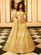 Myra Yellow Organza Embroidered Lehenga | Grocsy