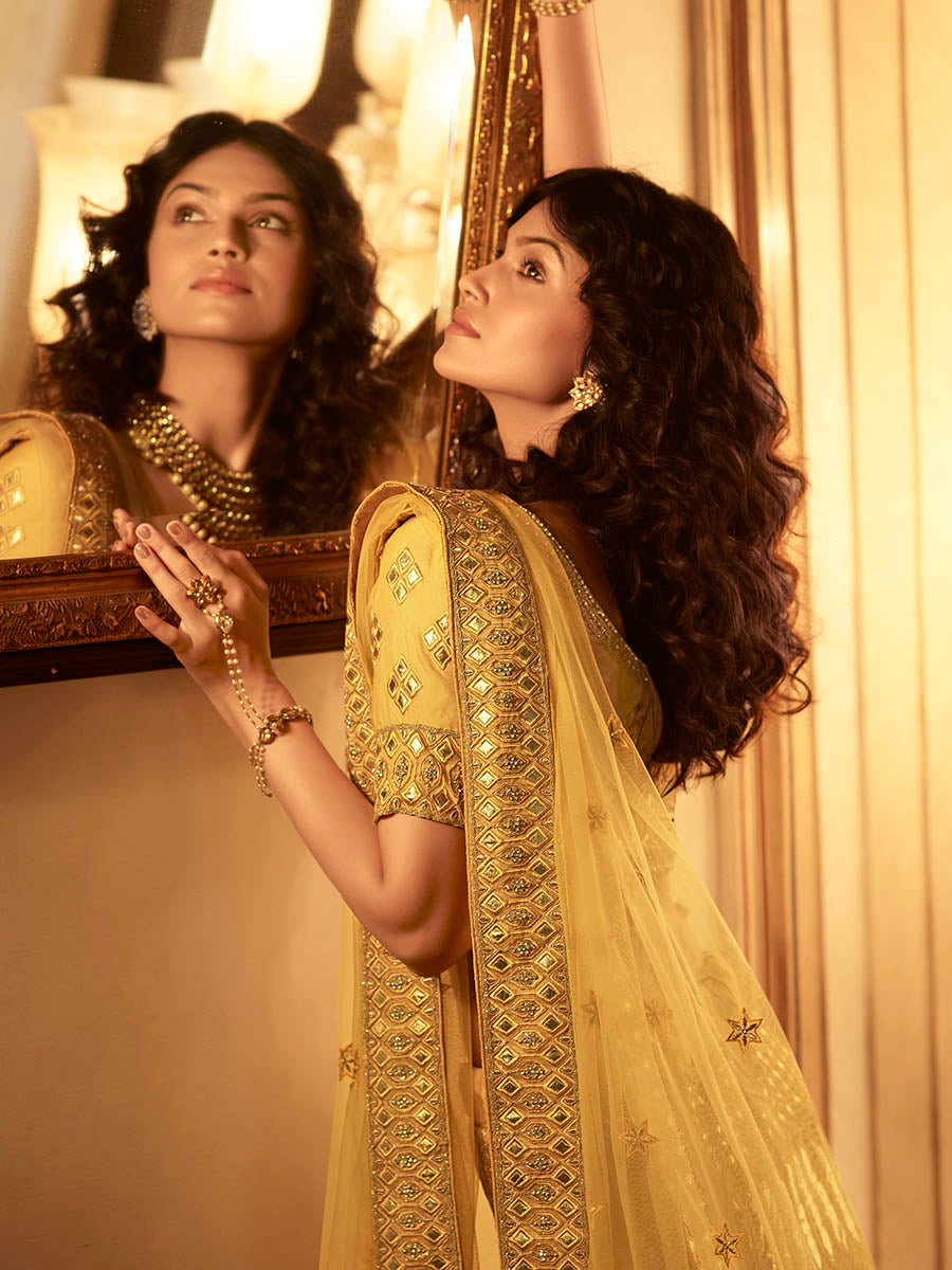 Myra Yellow Organza Embroidered Lehenga | Grocsy