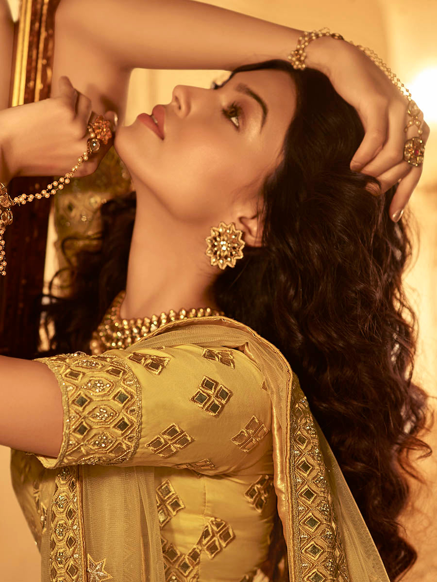 Myra Yellow Organza Embroidered Lehenga | Grocsy