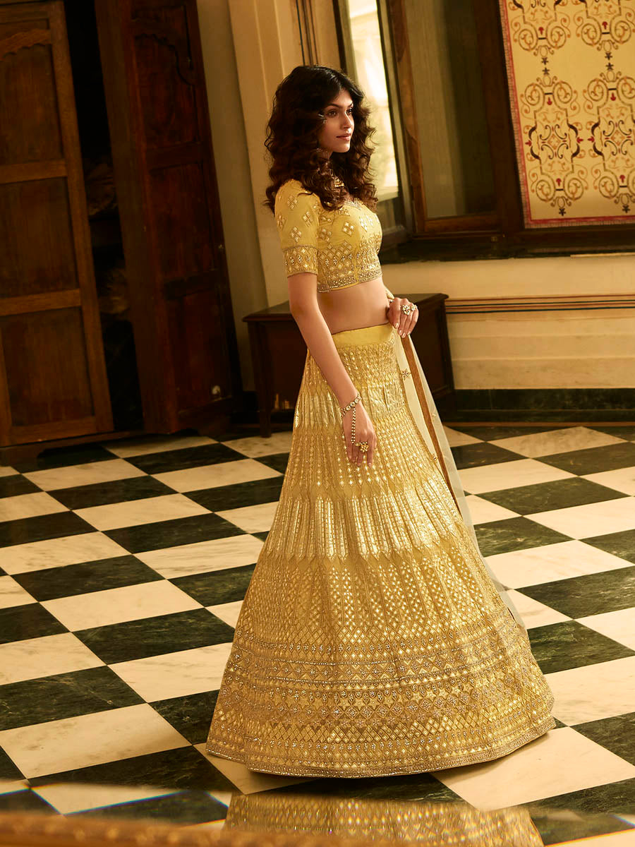 Myra Yellow Organza Embroidered Lehenga | Grocsy