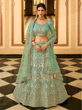 Myra Turquoise Organza Embroidered Lehenga | Grocsy