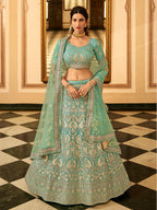 Myra Turquoise Organza Embroidered Lehenga | Grocsy