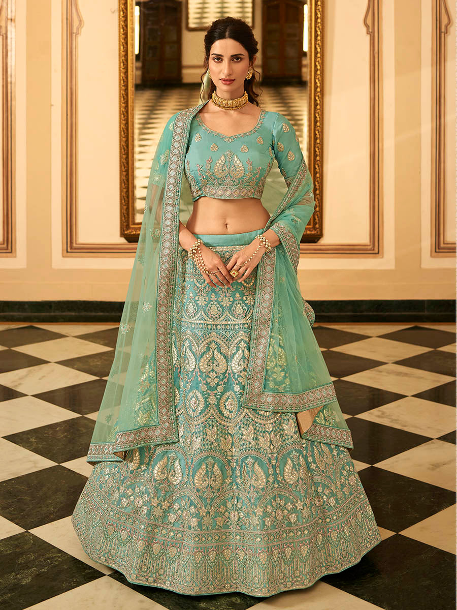 Myra Turquoise Organza Embroidered Lehenga | Grocsy