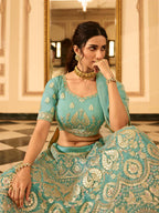 Myra Turquoise Organza Embroidered Lehenga | Grocsy