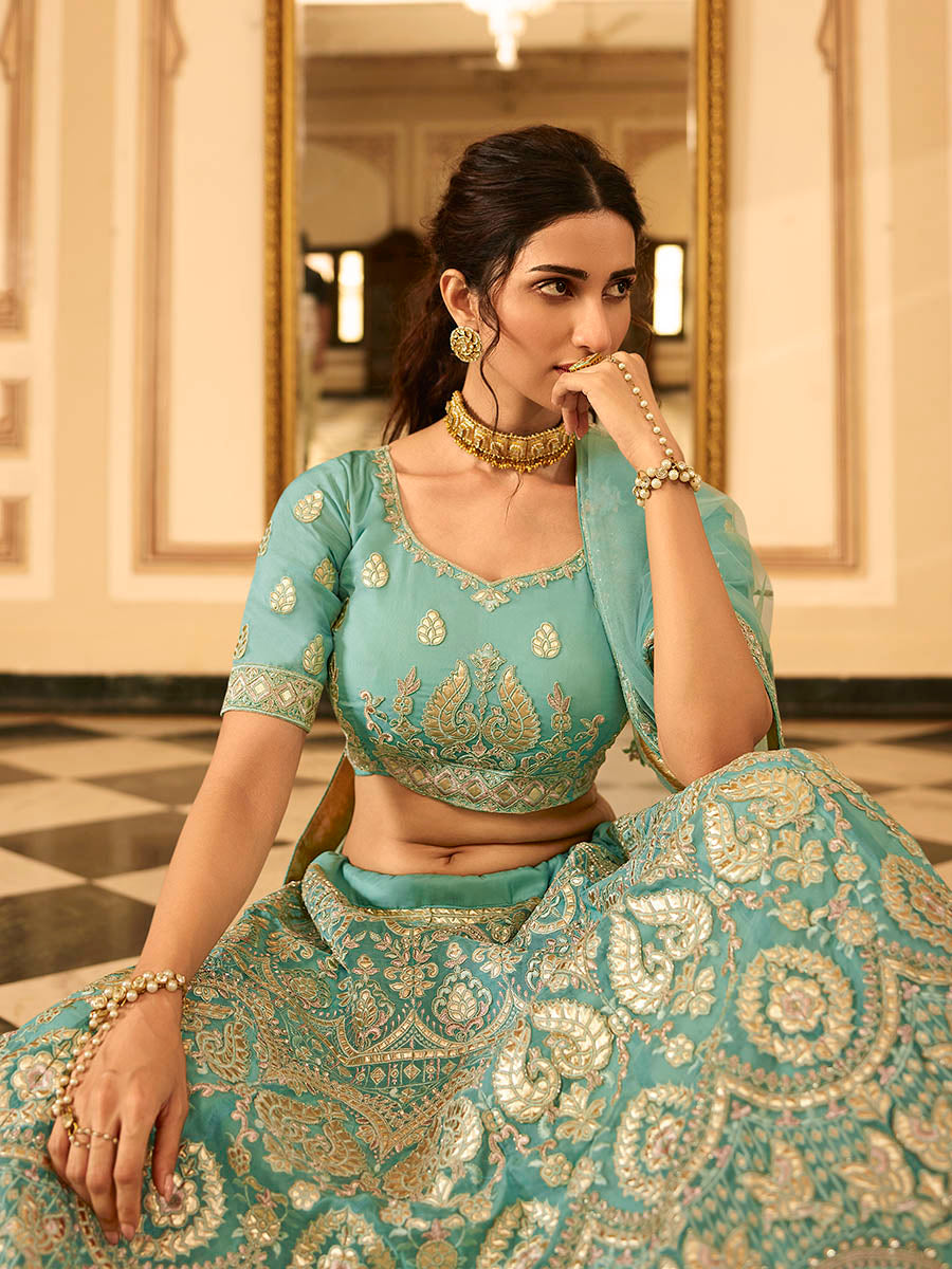 Myra Turquoise Organza Embroidered Lehenga | Grocsy