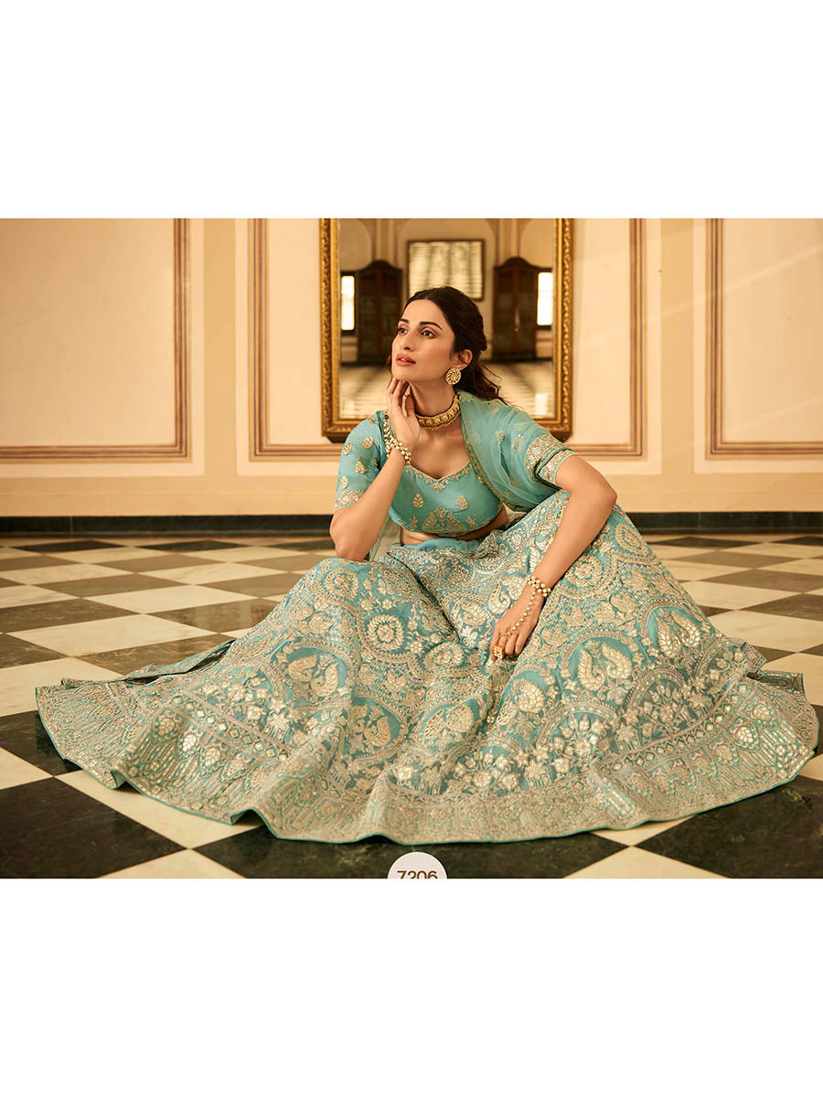 Myra Turquoise Organza Embroidered Lehenga | Grocsy