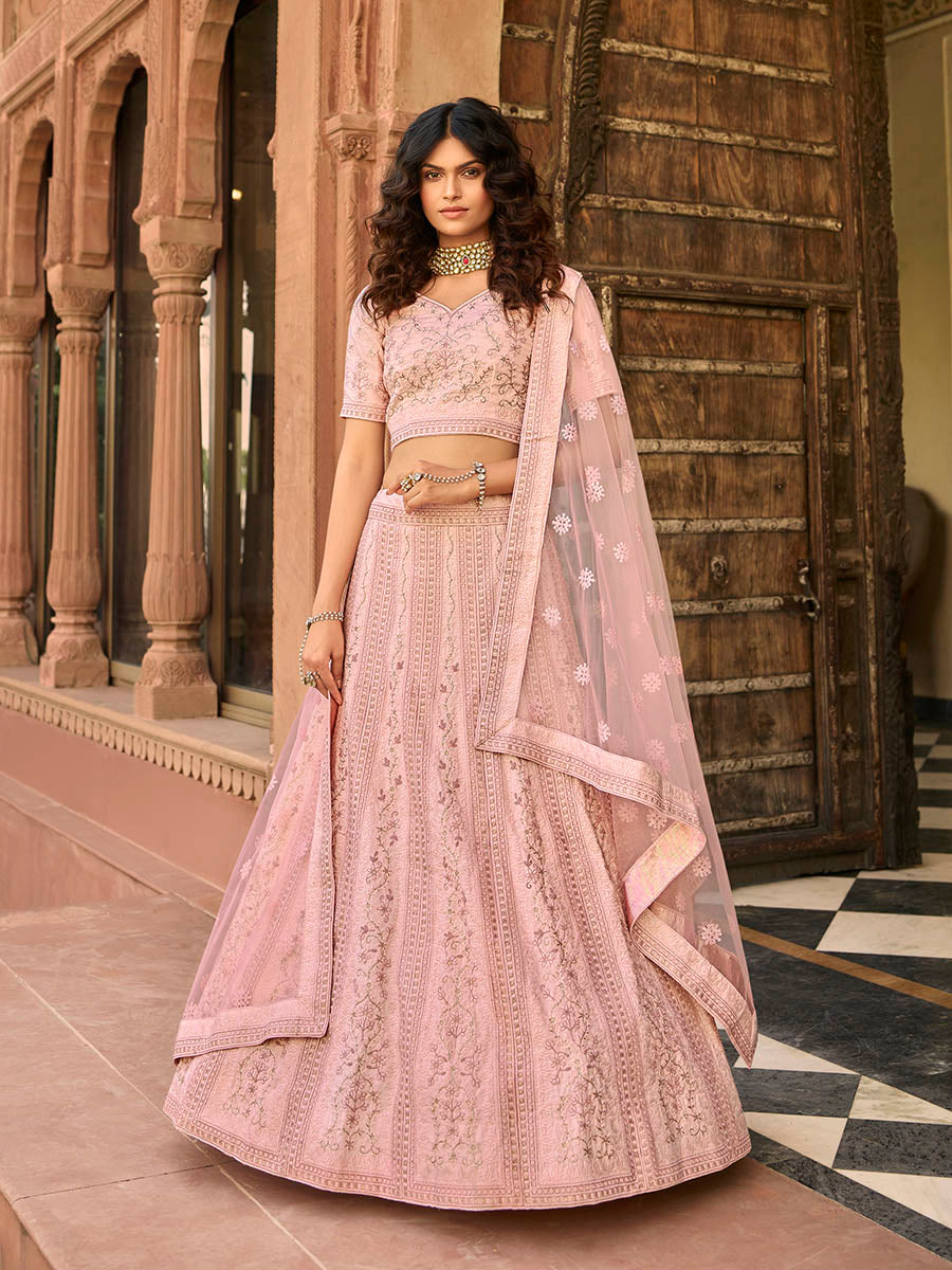 Myra Baby Pink Organza Embroidered Lehenga | Grocsy