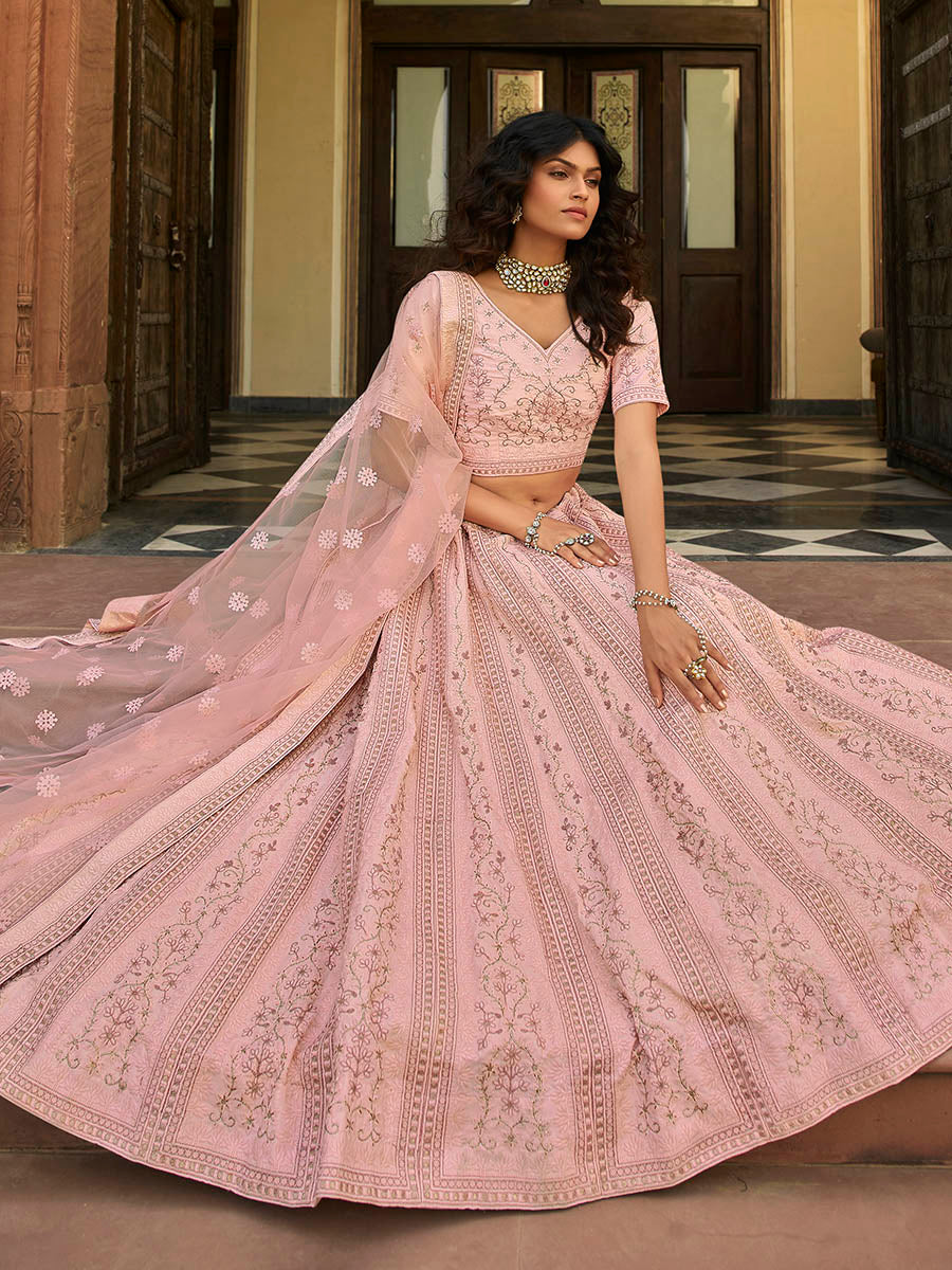 Myra Baby Pink Organza Embroidered Lehenga | Grocsy