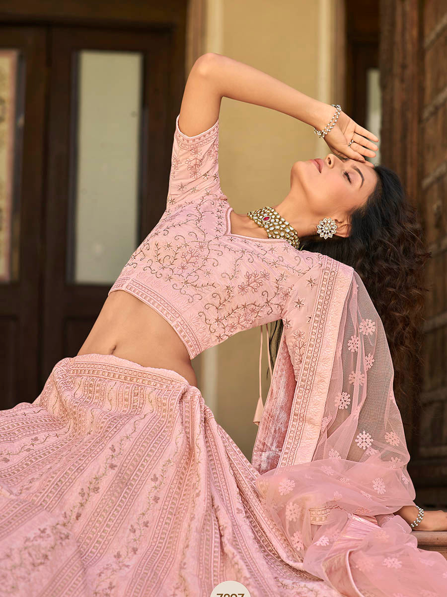 Myra Baby Pink Organza Embroidered Lehenga | Grocsy