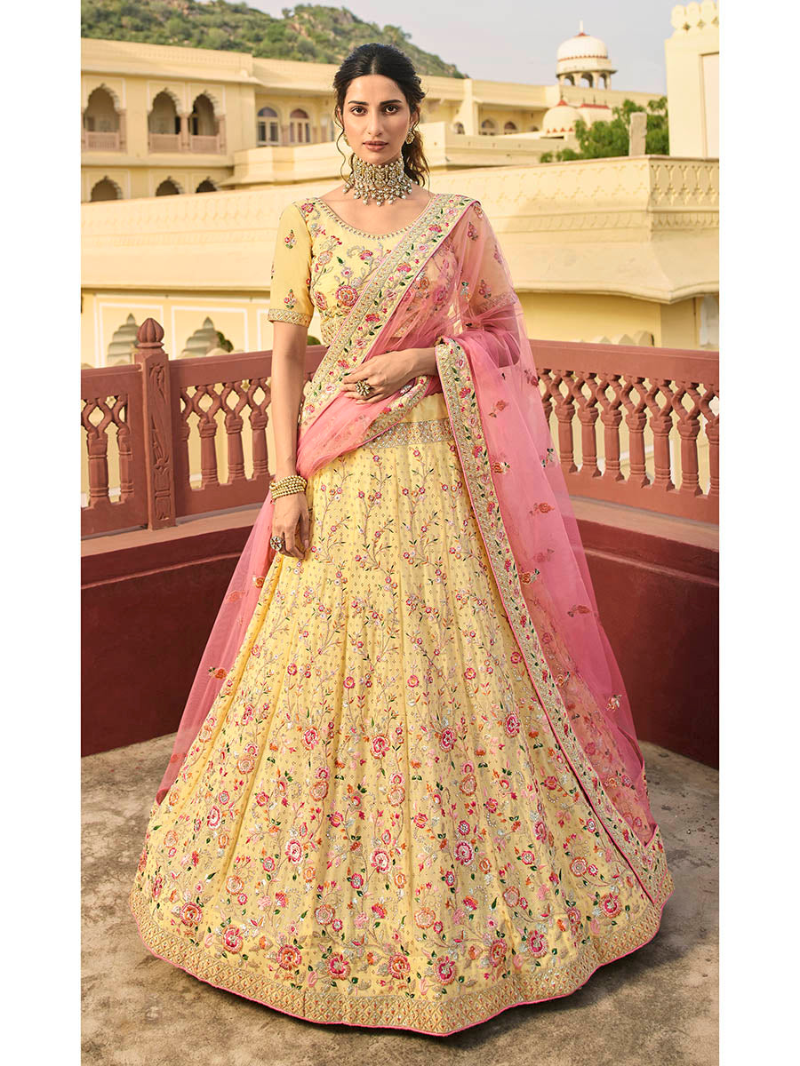 Myra Yellow Organza Embroidered Lehenga | Grocsy