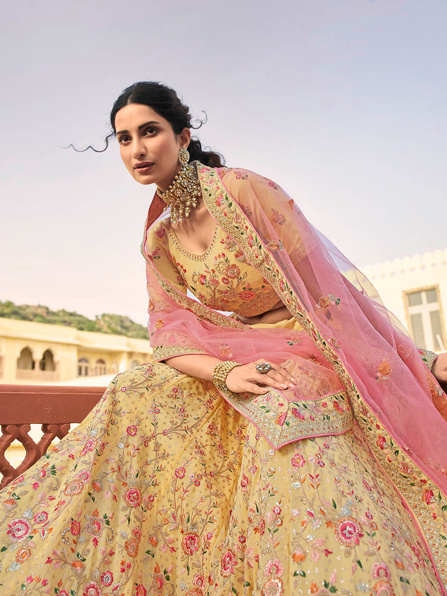 Myra Yellow Organza Embroidered Lehenga | Grocsy