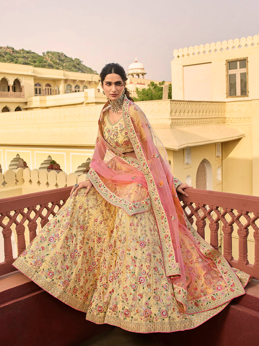 Myra Yellow Organza Embroidered Lehenga | Grocsy