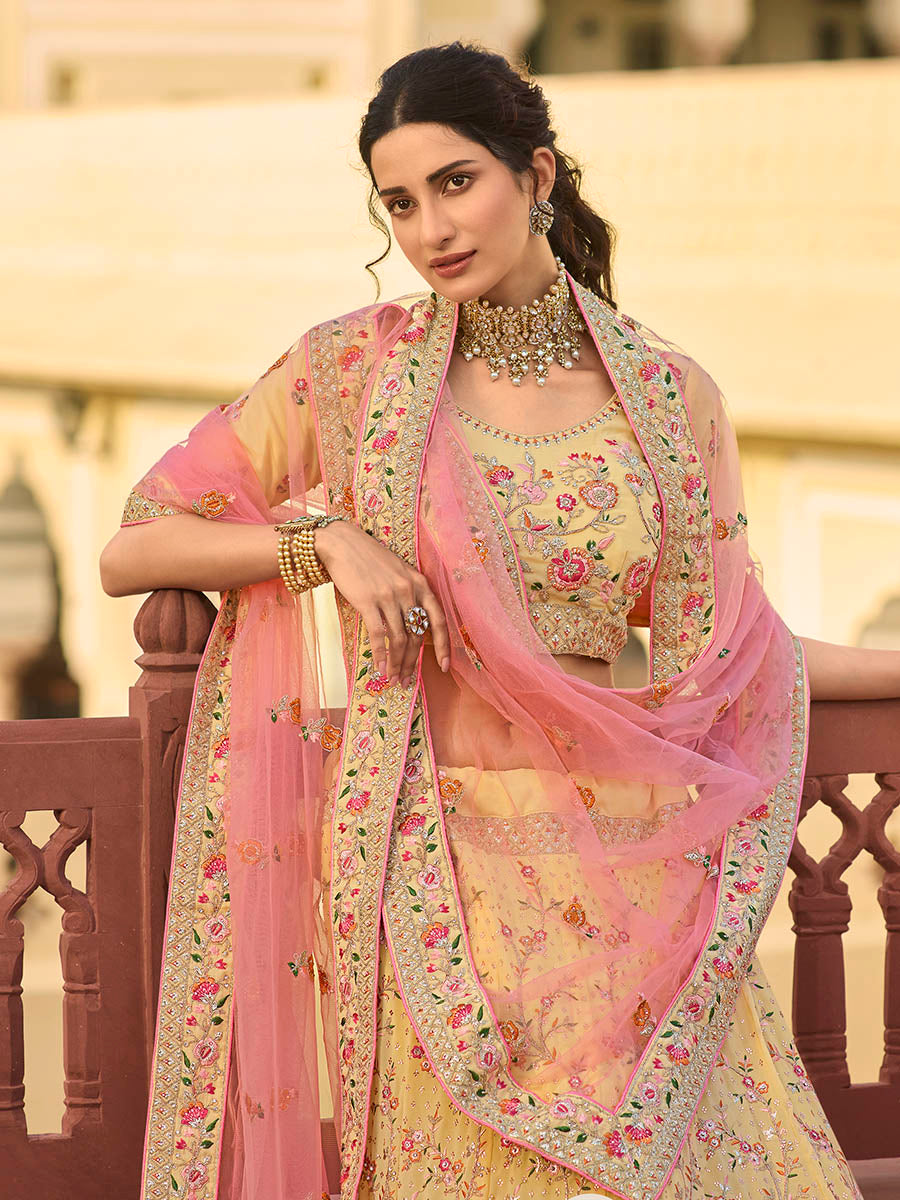 Myra Yellow Organza Embroidered Lehenga | Grocsy