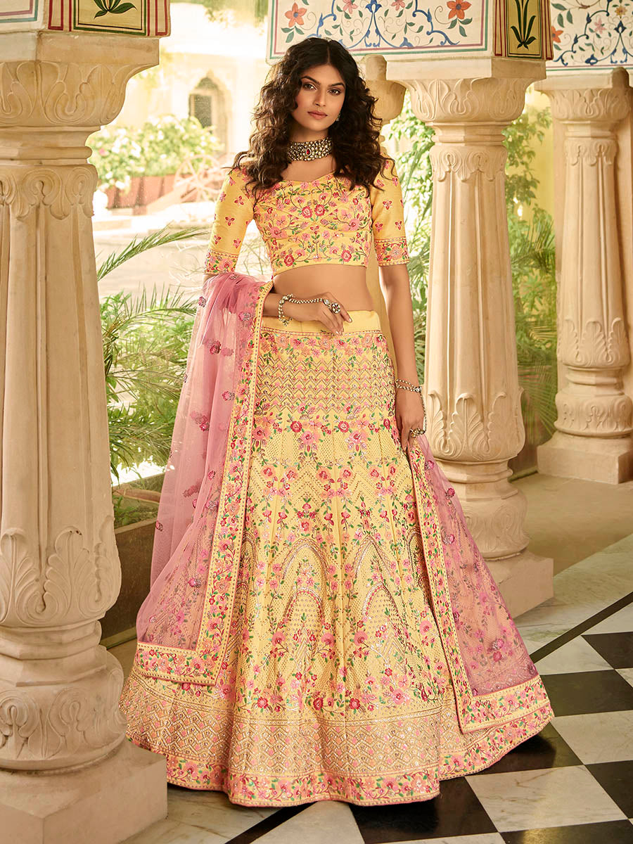 Myra Yellow Art Silk Embroidered Lehenga | Grocsy