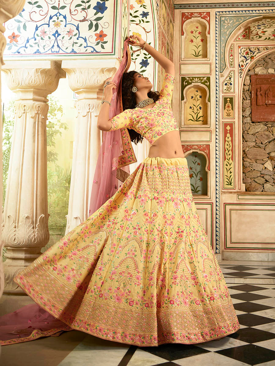 Myra Yellow Art Silk Embroidered Lehenga | Grocsy