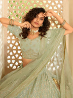 Myra Pista Green Crepe Embroidered Lehenga | Grocsy