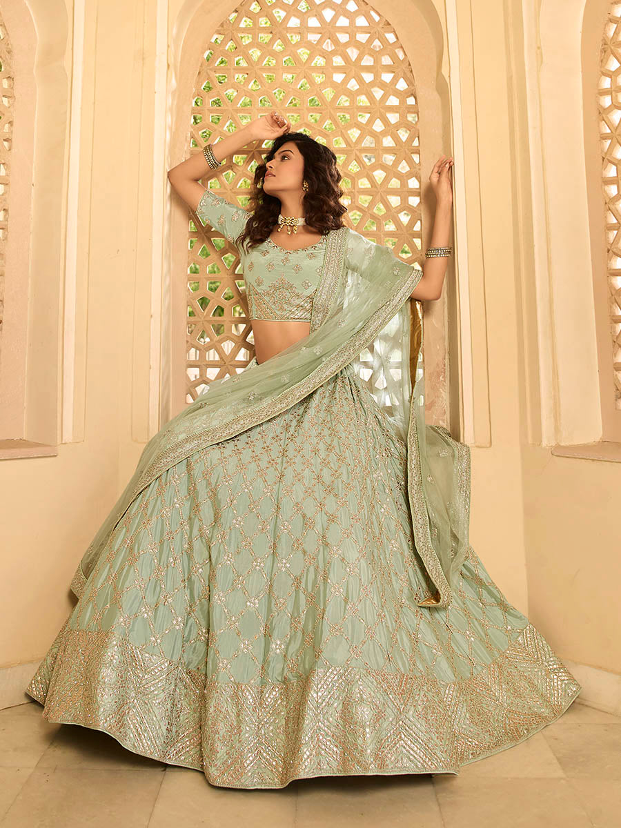 Myra Pista Green Crepe Embroidered Lehenga | Grocsy