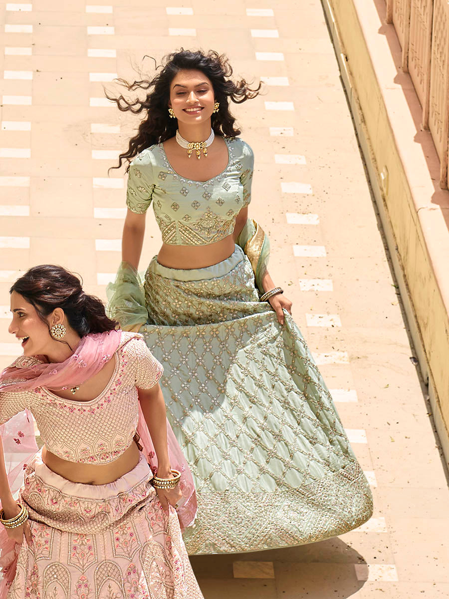Myra Pista Green Crepe Embroidered Lehenga | Grocsy
