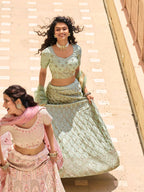 Myra Pista Green Crepe Embroidered Lehenga | Grocsy