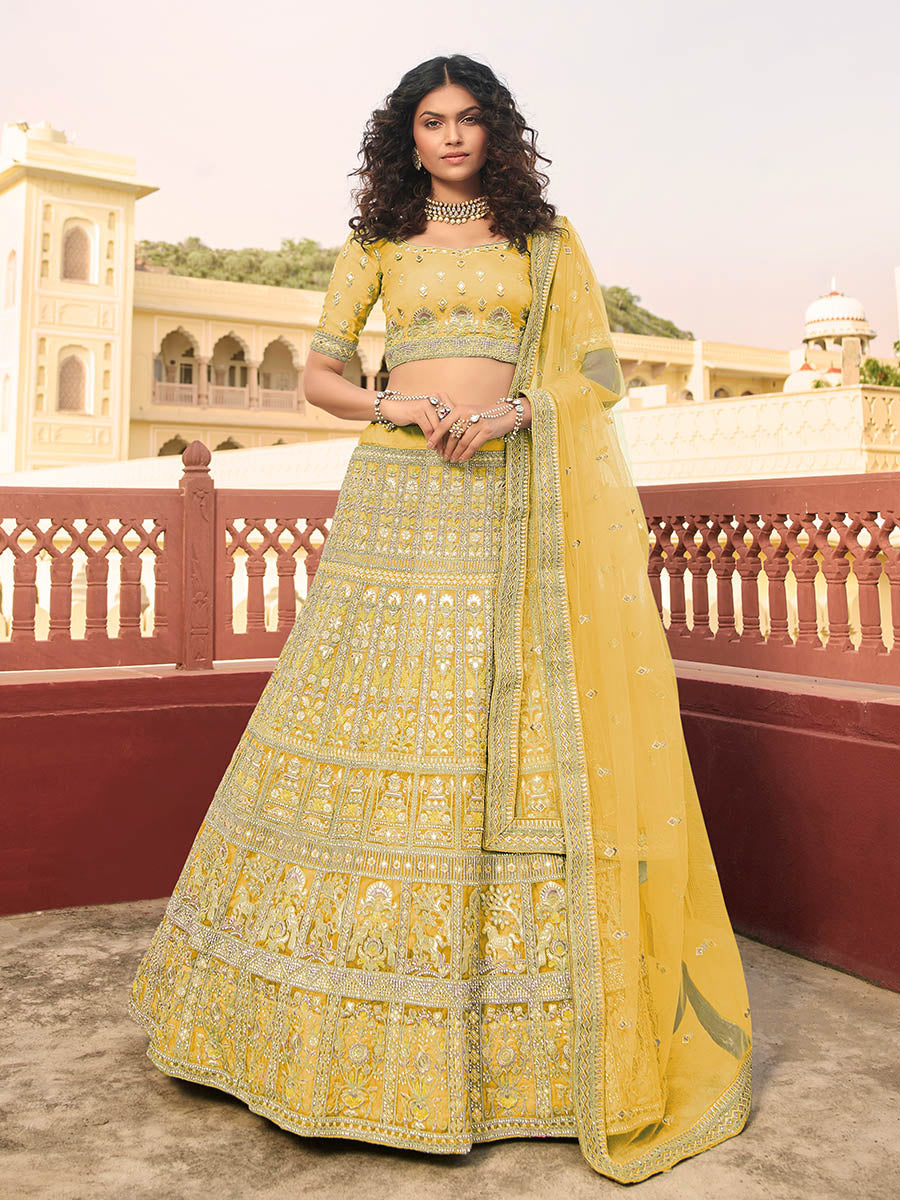 Myra Yellow Organza Embroidered Lehenga Choli | Grocsy