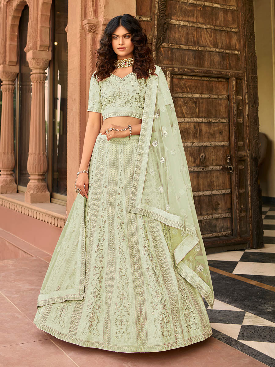 Myra Light Green Organza Embroidered Lehenga Choli | Grocsy