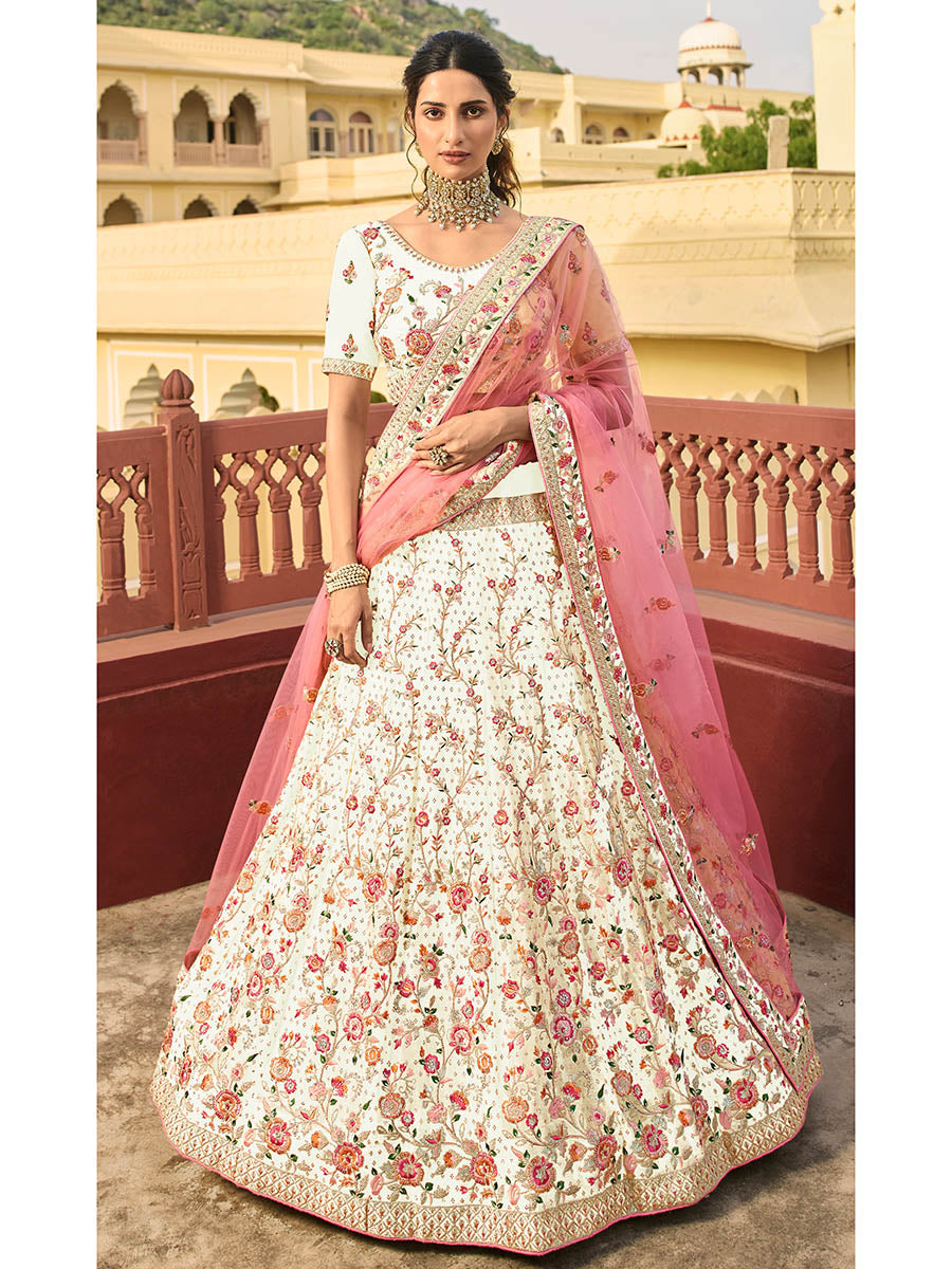 Myra Beautiful Cream Organza Embroidered Lehenga Choli | Grocsy
