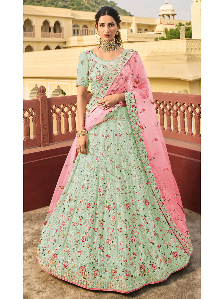 Myra Green Organza Embroidered Lehenga Choli | Grocsy