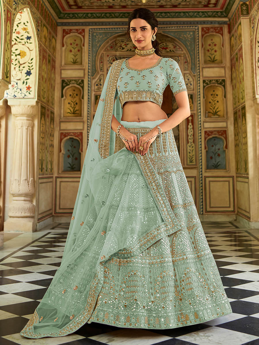 Myra Sea Blue Organza Embroidered Lehenga Choli | Grocsy