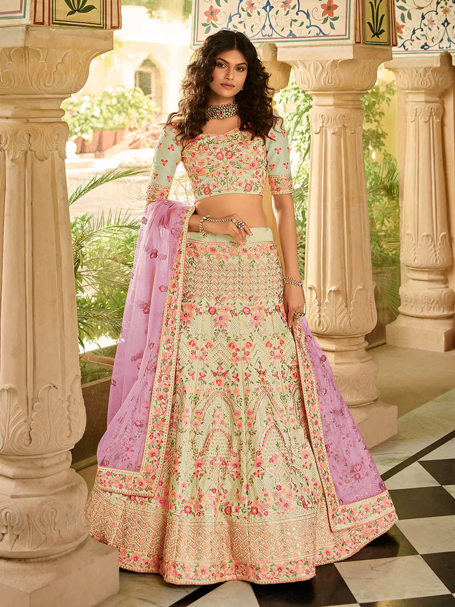 Myra Traditional Pista Organza Embroidered Lehenga Choli | Grocsy